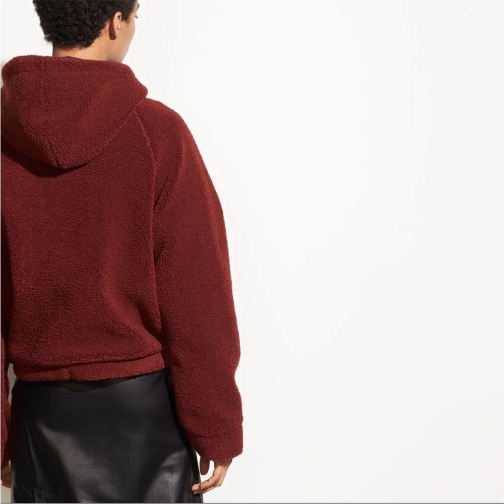 Vince Cozy Faux Sherpa shearling Pullover Hoodie in Anise red medium sweatshirt - Picture 4 of 17